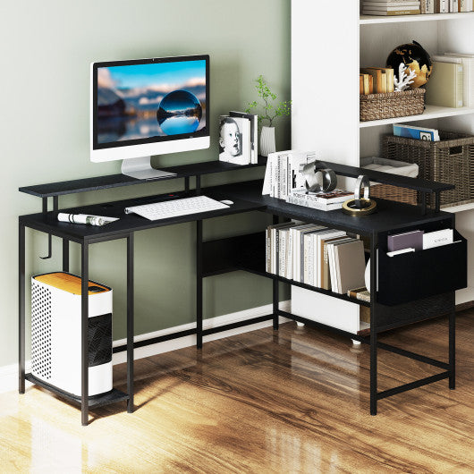 L-Shaped Gaming Desk with LED Lights and Power Outlets Home Office Computer Desk-Black