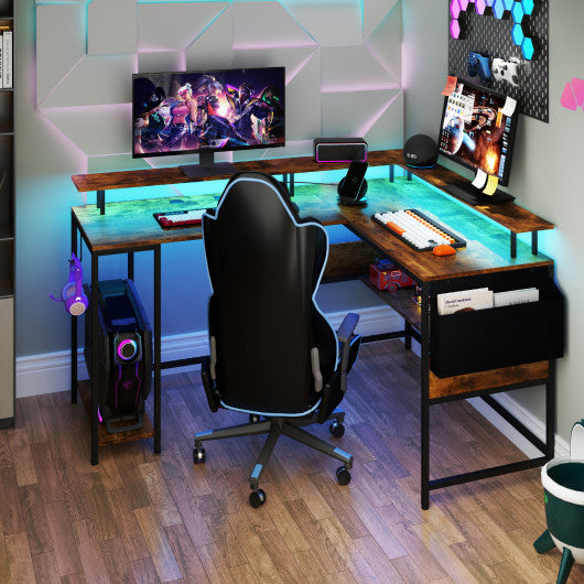 L-Shaped Gaming Desk with LED Lights and Power Outlets Home Office Computer Desk-Rustic Brown