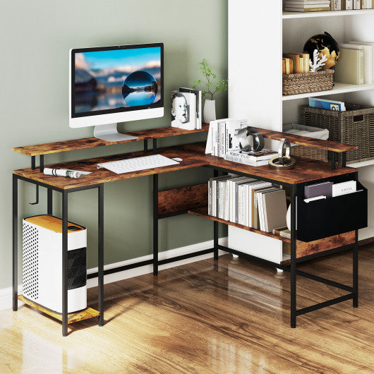 L-Shaped Gaming Desk with LED Lights and Power Outlets Home Office Computer Desk-Rustic Brown