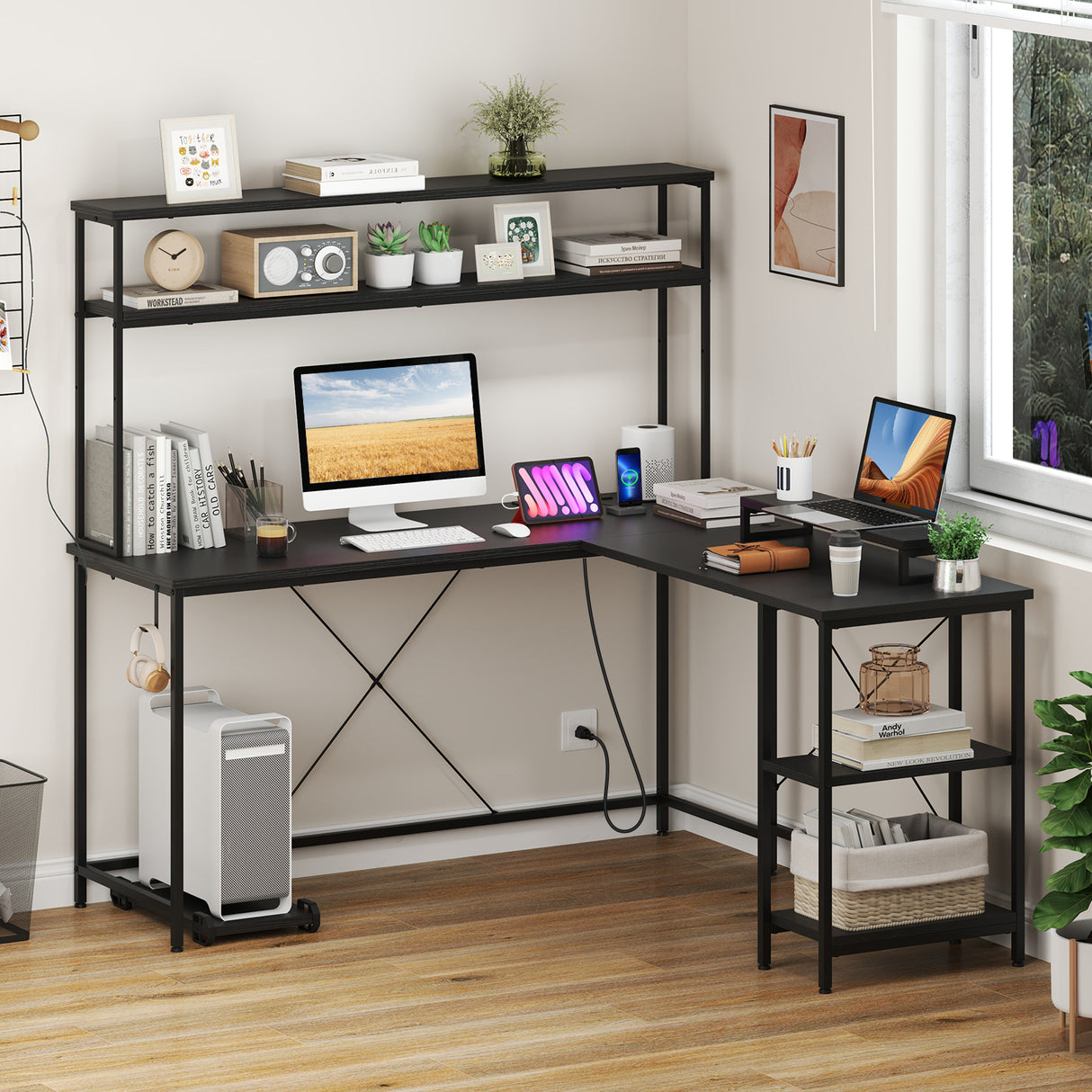 L-Shaped Reversible Gaming Desk with LED Strip and Power Outlets Hutch Monitor Stand-Black
