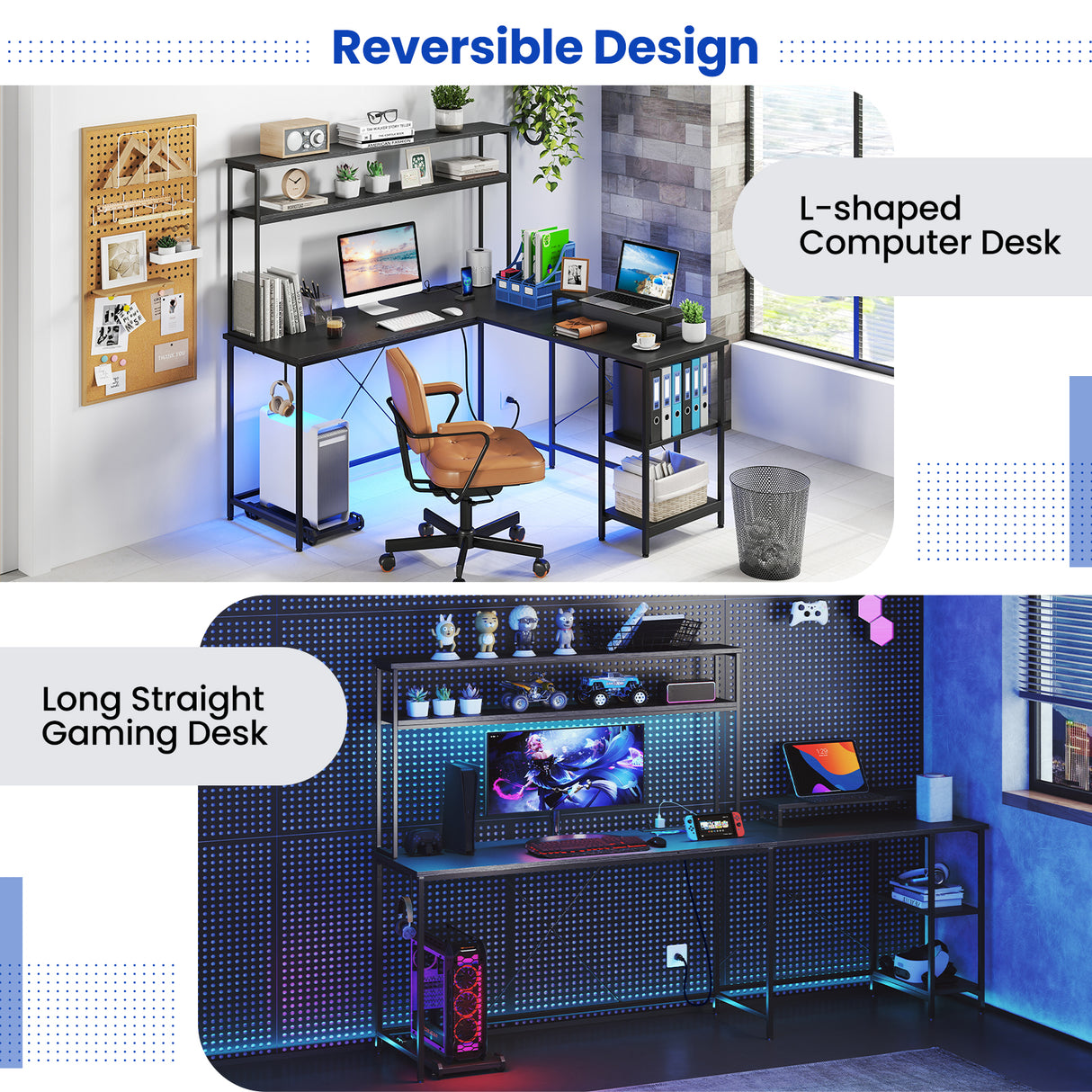 L-Shaped Reversible Gaming Desk with LED Strip and Power Outlets Hutch Monitor Stand-Black