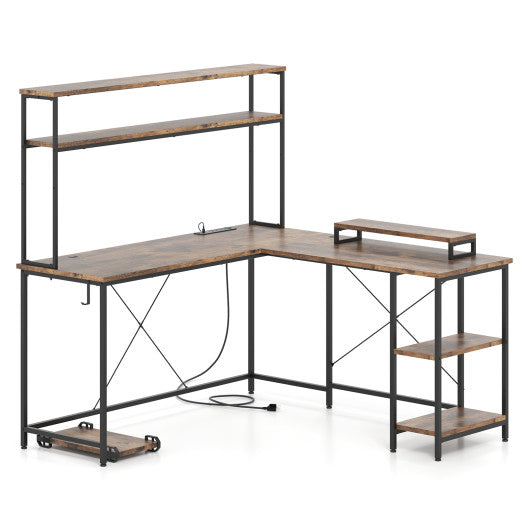 L-Shaped Reversible Gaming Desk with LED Strip and Power Outlets Hutch Monitor Stand-Rustic Brown