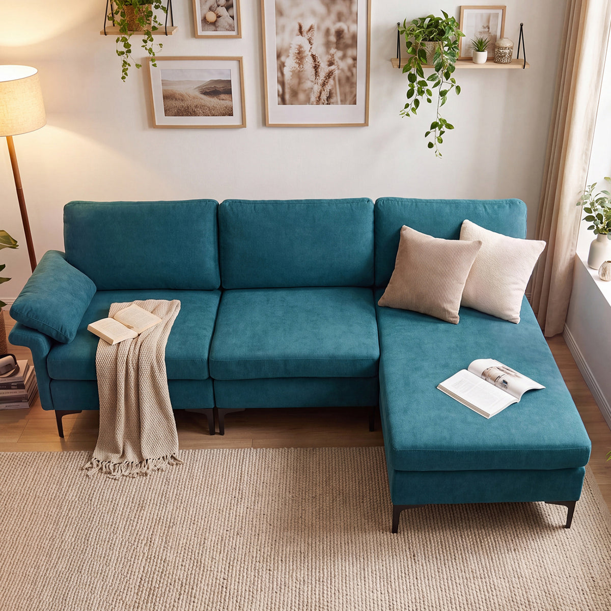 L-Shaped Sectional Sofa Convertible 4-Seater Modular Couch with 2 3-Hole Outlets and 4 USB Ports-Turquoise