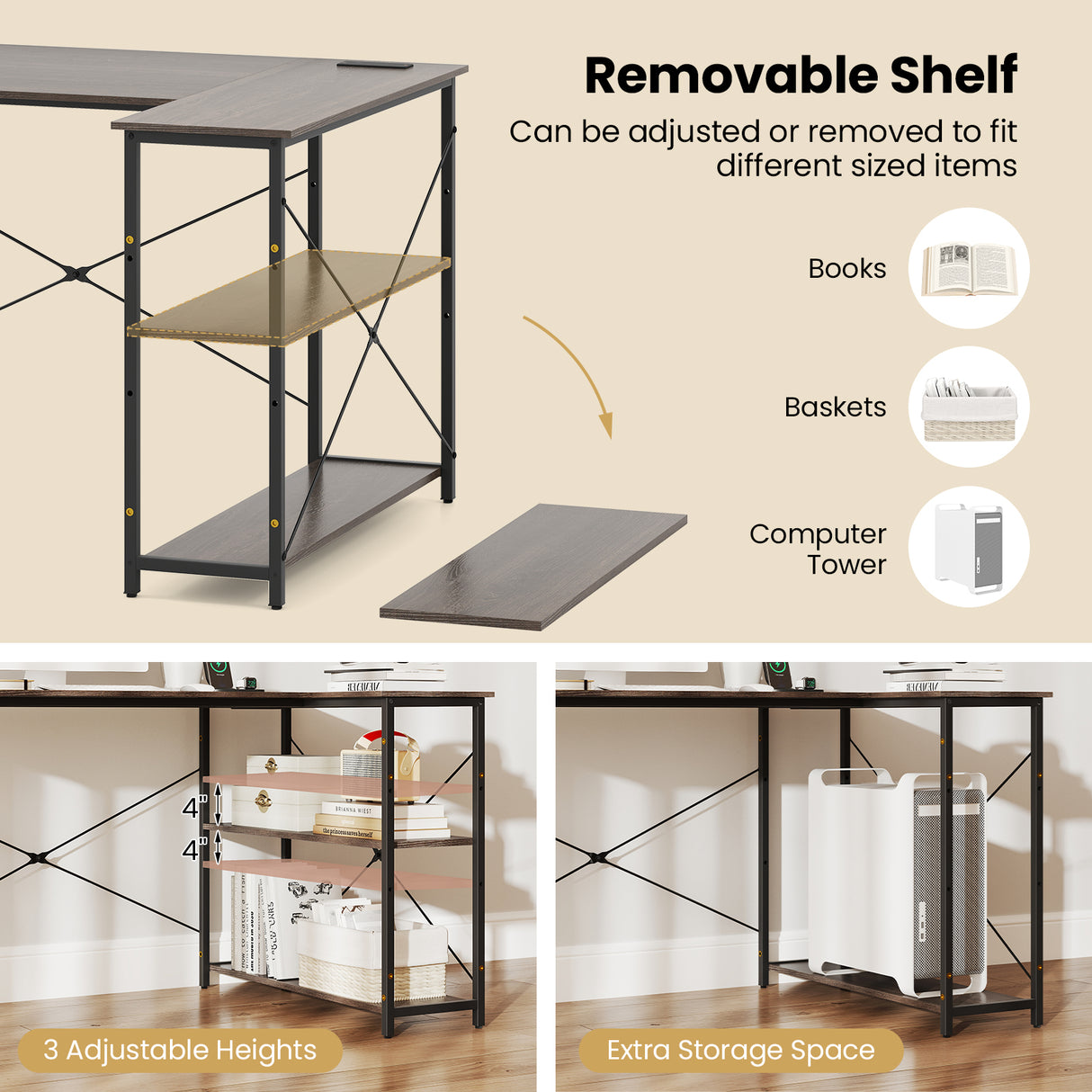 L-shaped 47 Inch Reversible Corner Desk with Adjustable Storage Shelves-Gray