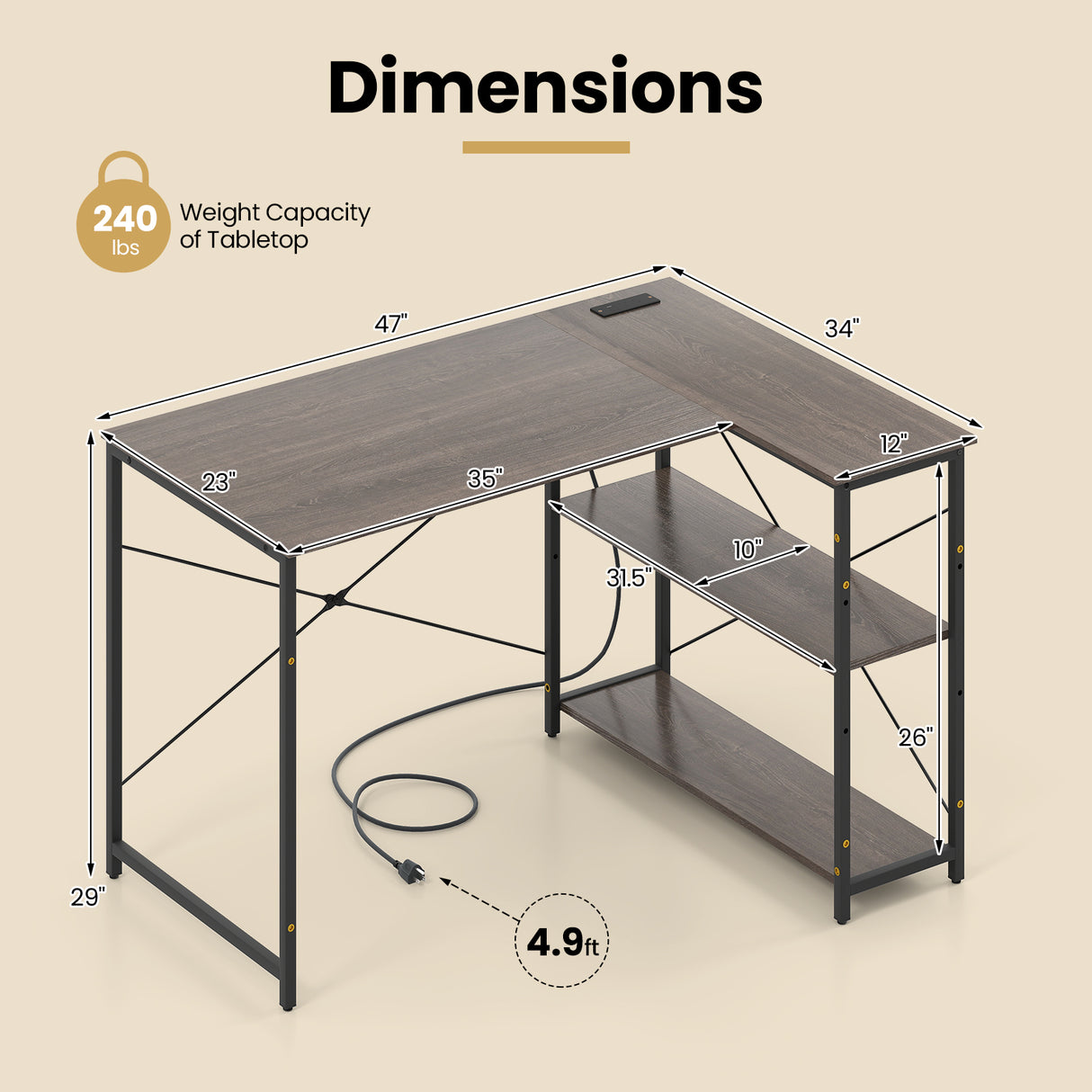 L-shaped 47 Inch Reversible Corner Desk with Adjustable Storage Shelves-Gray