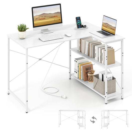 L-shaped 47 Inch Reversible Corner Desk with Adjustable Storage Shelves-White
