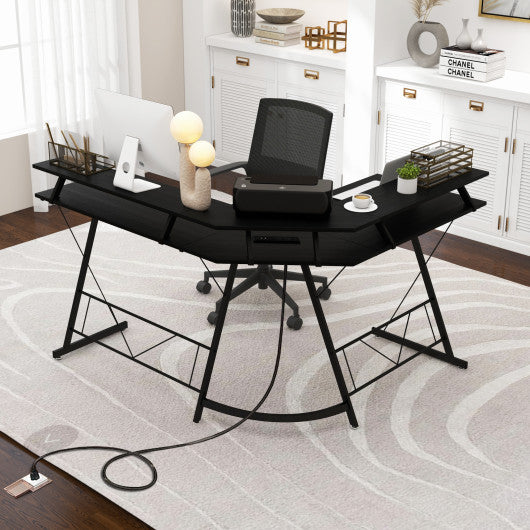 L-shaped Computer Desk with Power Outlet and Monitor Stand-Black