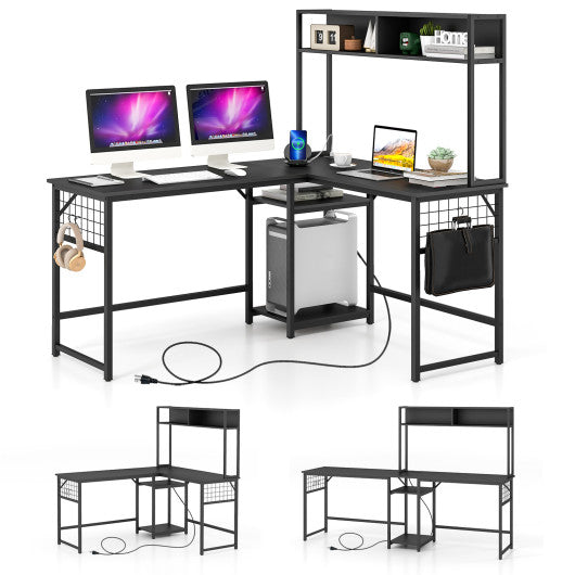 L-shaped Desk with Power Outlet Hutch-Black