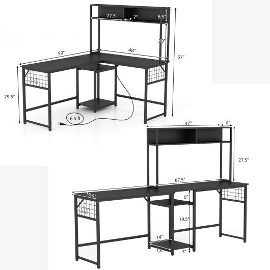L-shaped Desk with Power Outlet Hutch-Black