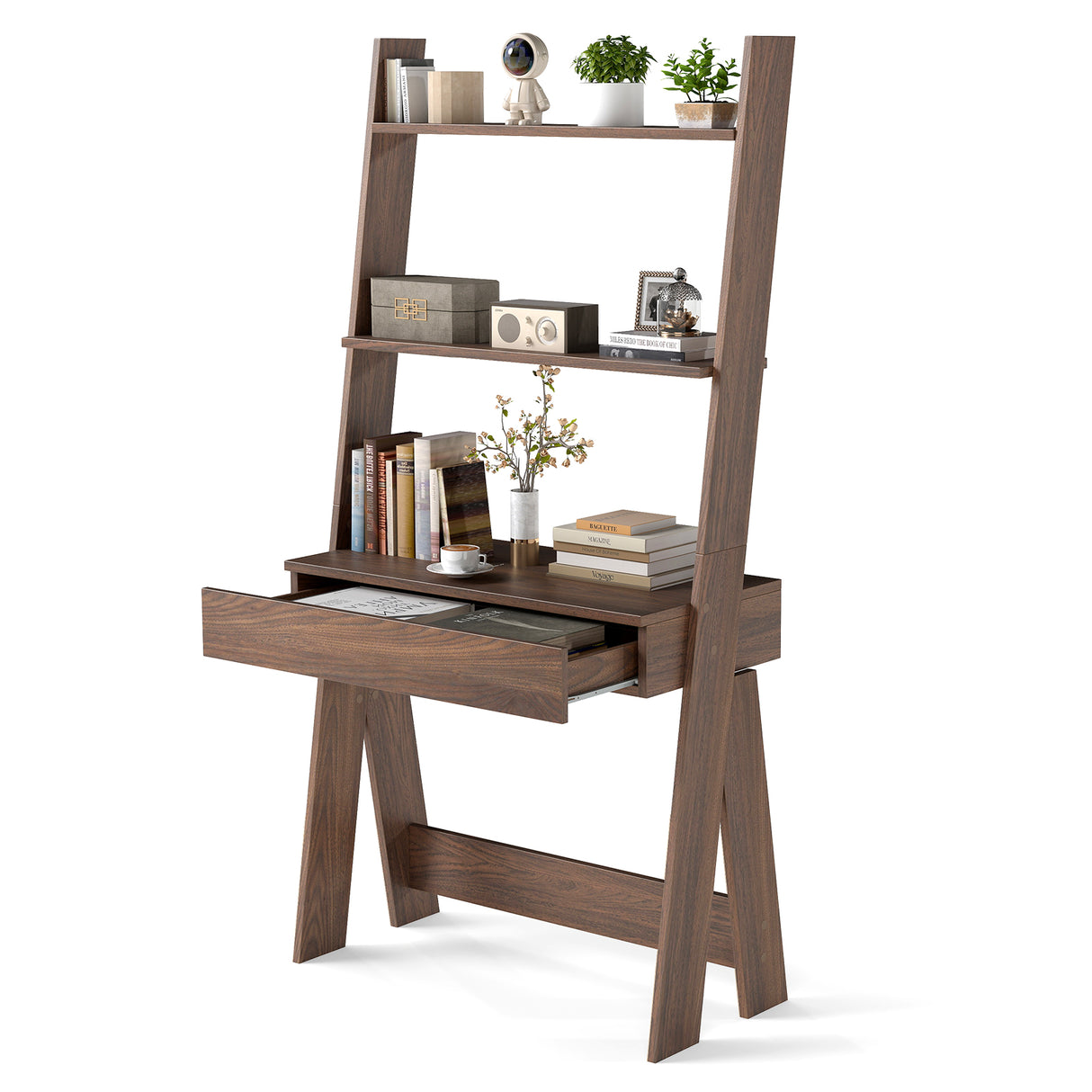 Ladder Shelf Desk Bookcase with Countertop Drawer and 2 Shelves-Natural