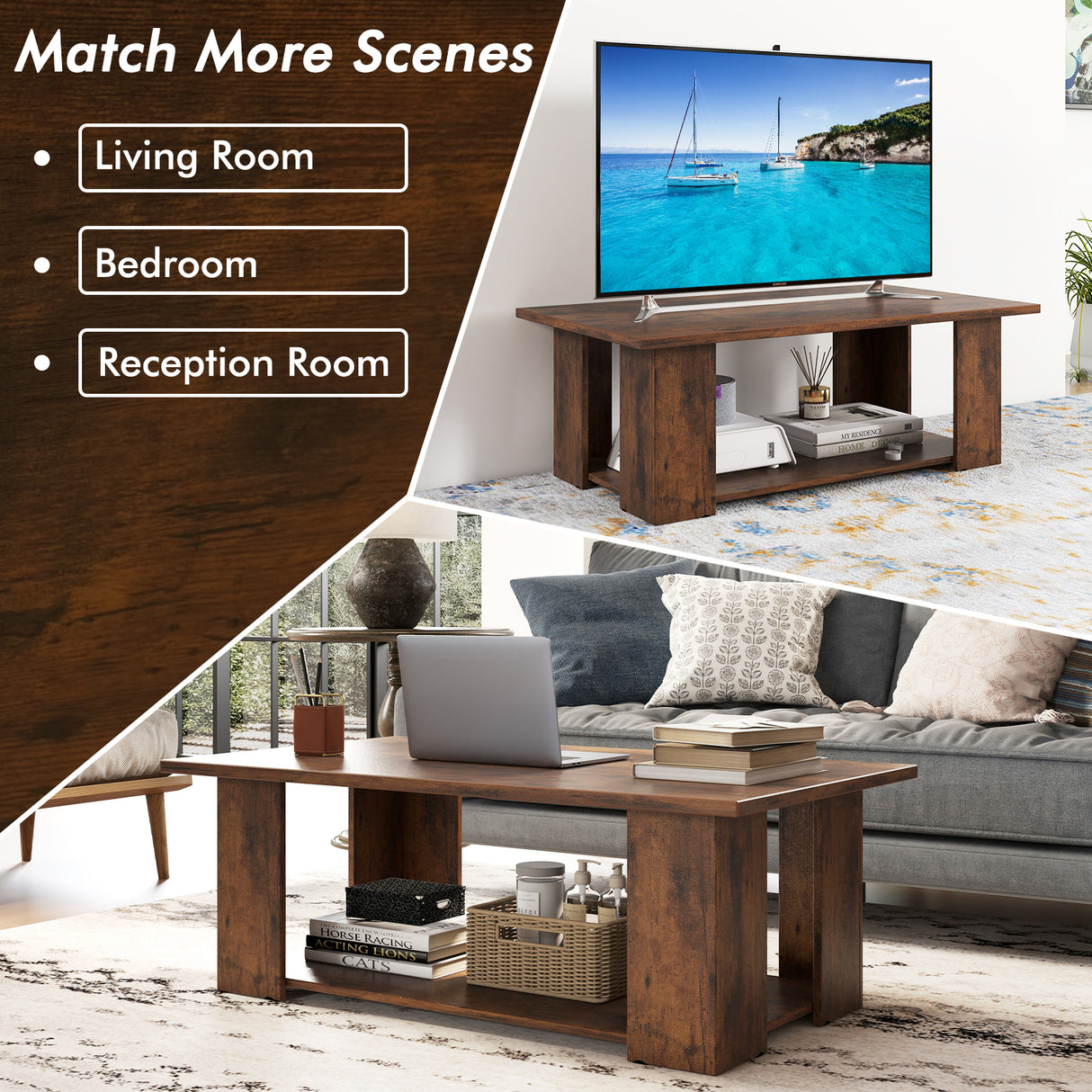 Large 36/41 Inch 2-tier Wooden Modern Coffee Table with Storage Shelf-Coffee