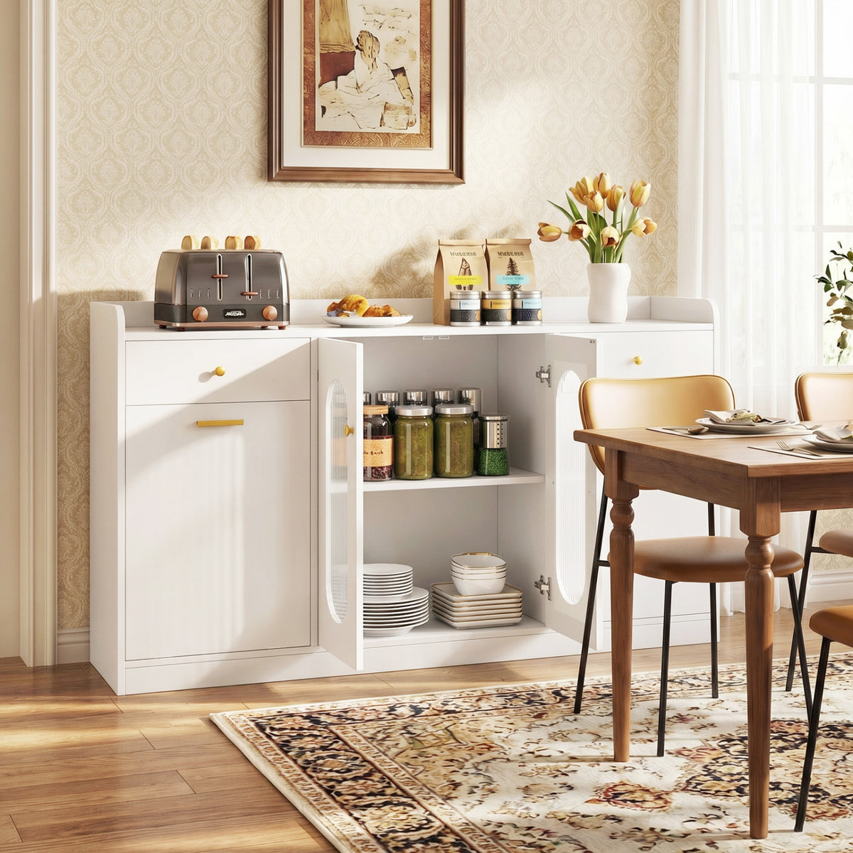Large Buffet Cabinet Hidden Tilt Out Trash Can Cabinet with 2 Glass Doors-White