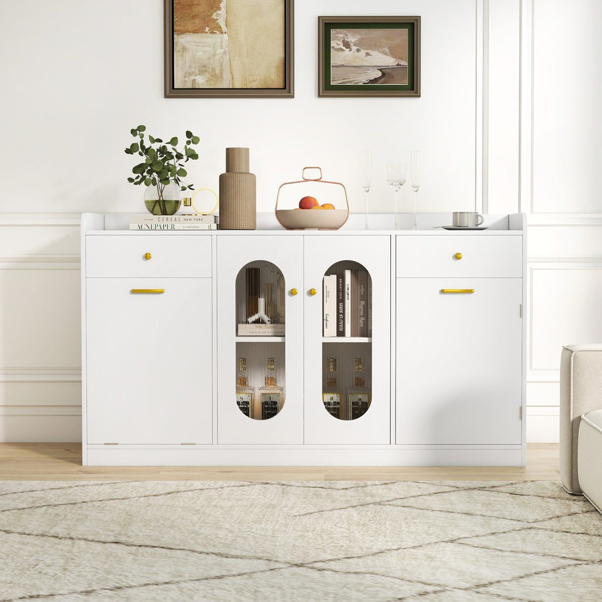 Large Buffet Cabinet Hidden Tilt Out Trash Can Cabinet with 2 Glass Doors-White