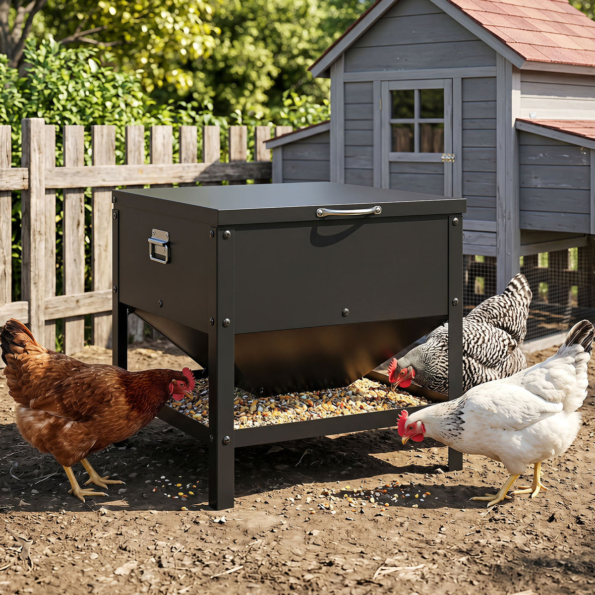 Large Capacity Chicken Feeding Box with Openable Lid-Black