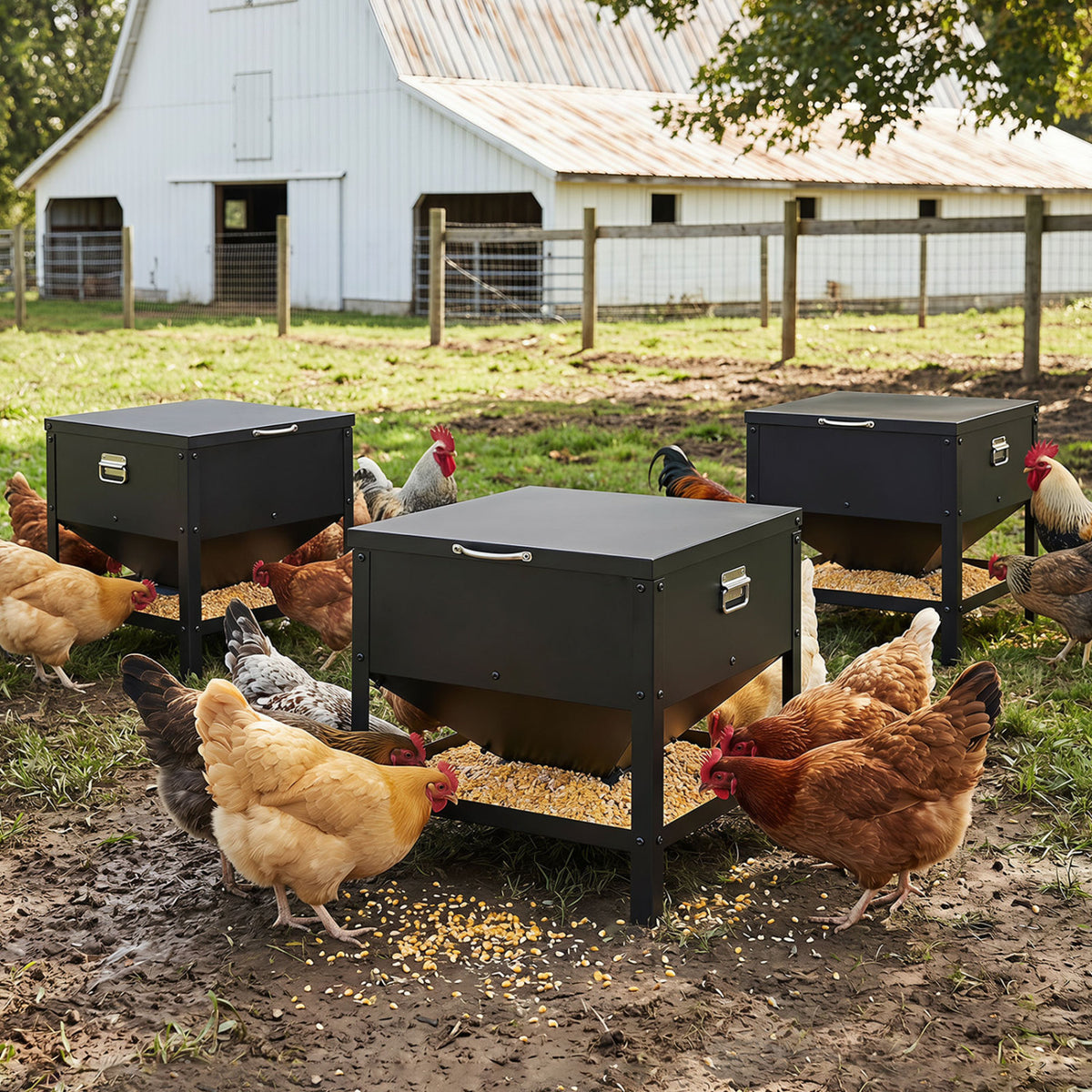 Large Capacity Chicken Feeding Box with Openable Lid-Black