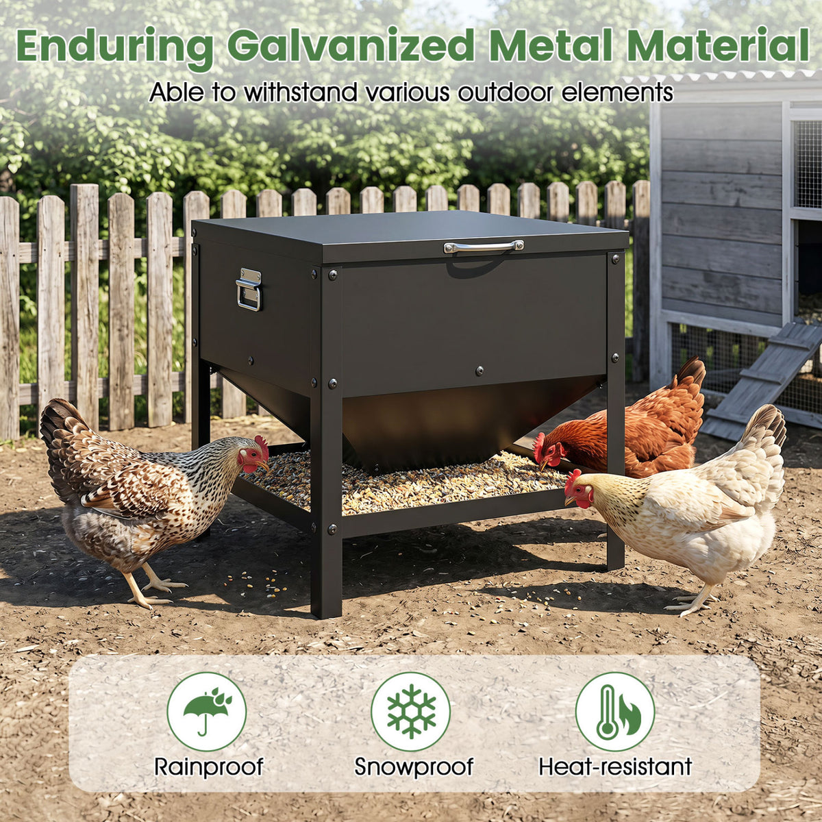 Large Capacity Chicken Feeding Box with Openable Lid-Black
