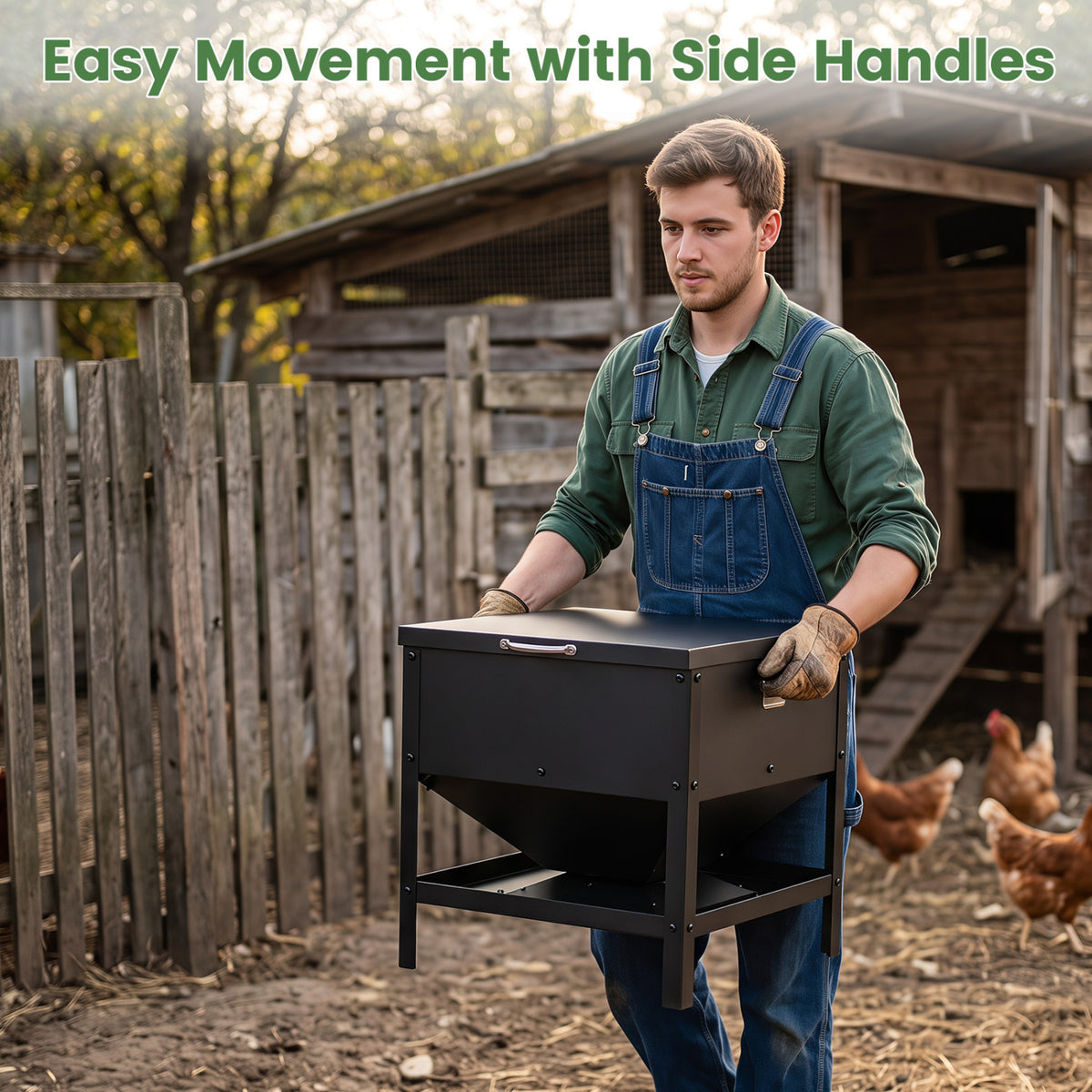 Large Capacity Chicken Feeding Box with Openable Lid-Black