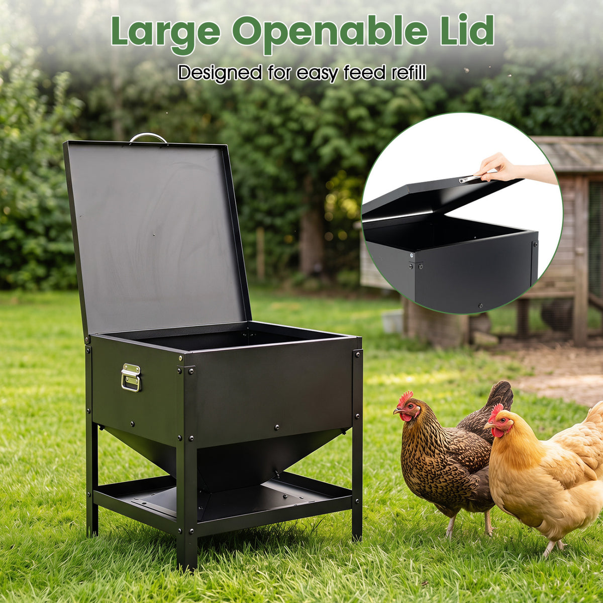 Large Capacity Chicken Feeding Box with Openable Lid-Black