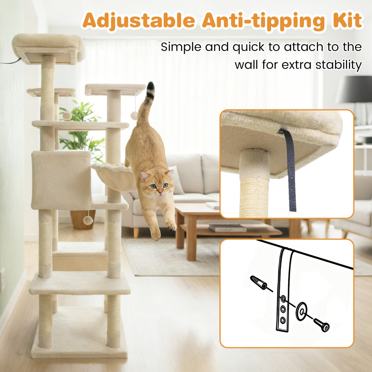 Large Cat Tree for Indoor Cats 63" Tall Cat Tower-Beige