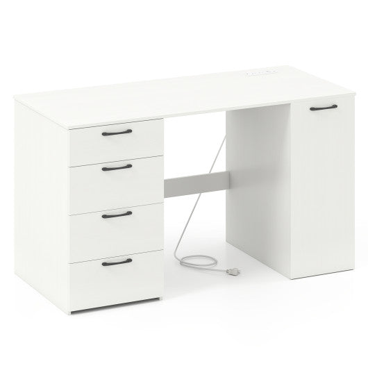 53 Inches Computer Desk with Power Outlets and 4 Storage Drawers-White