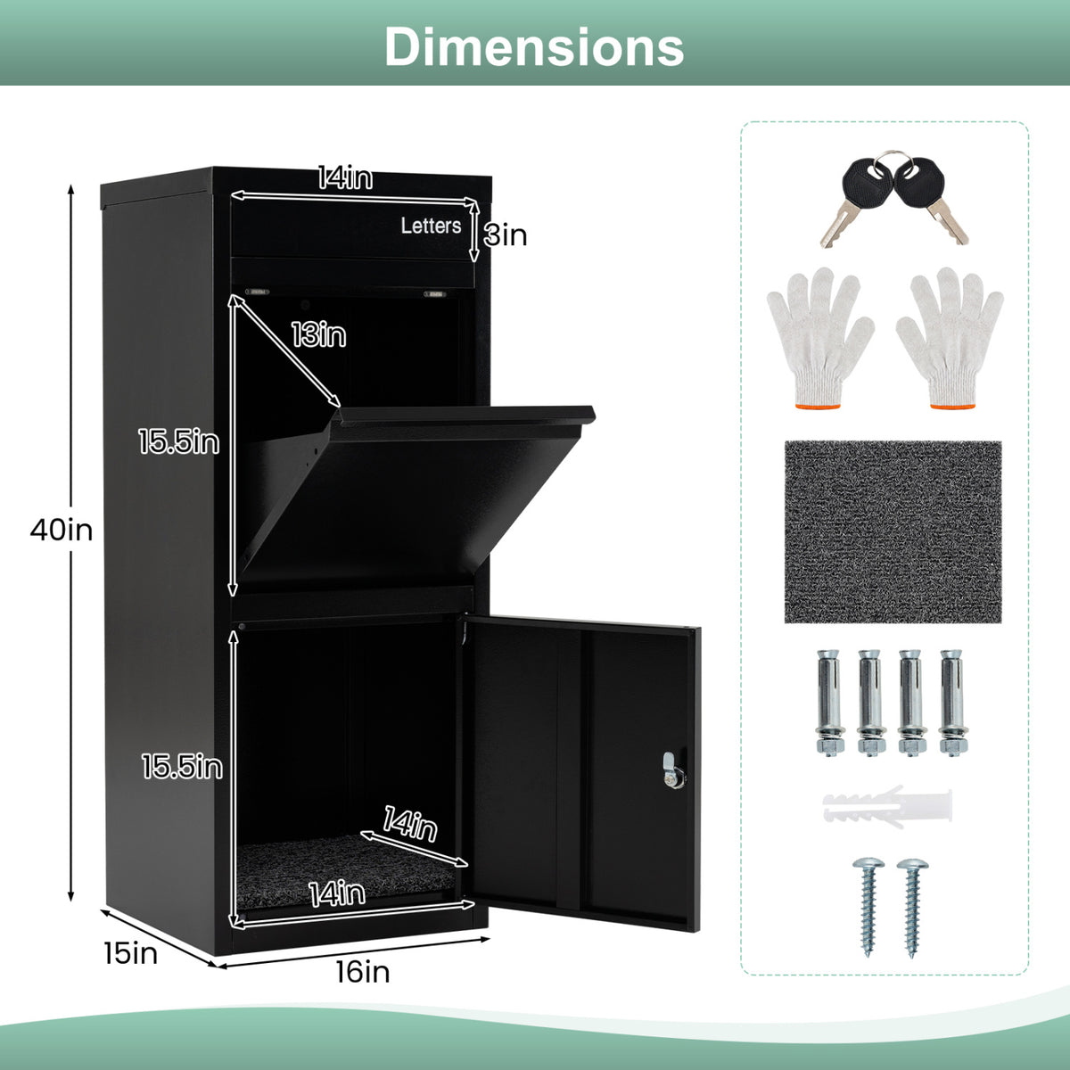 Large Galvanized Package Delivery Box for Outside with Anti-Theft Design-Black