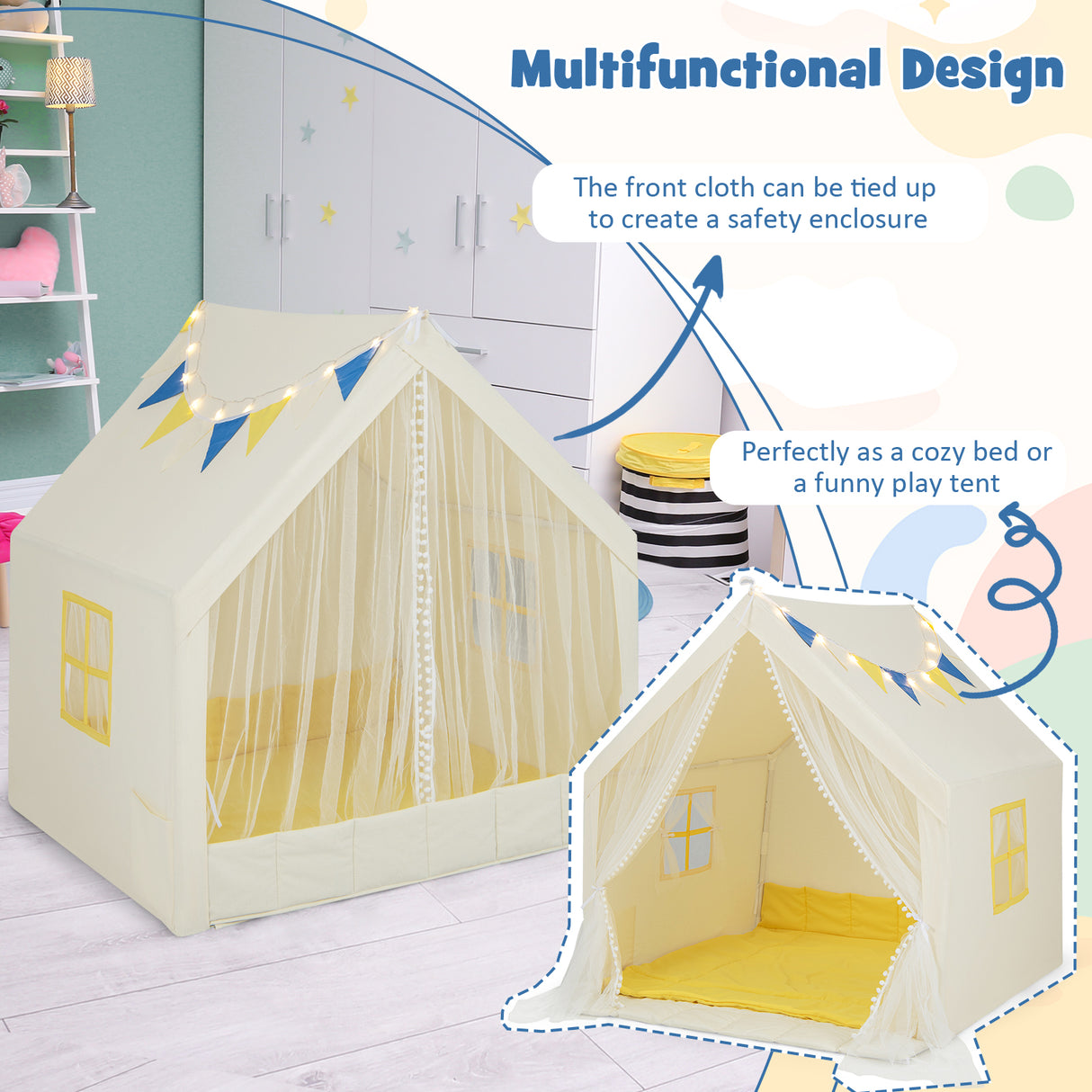 48 x 42 x 50 Inch Large Play Tent with Washable Cotton Mat Holiday Birthday Gift for Kids-Beige