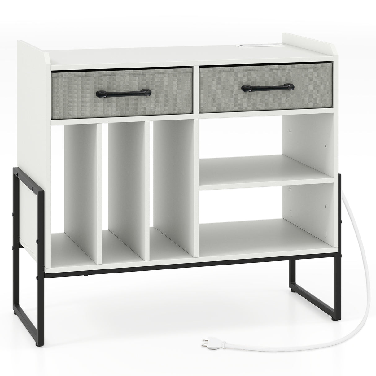 Large Record Player Stand with Charging Station Mid Century Modern Vinyl Storage Cabinet-White