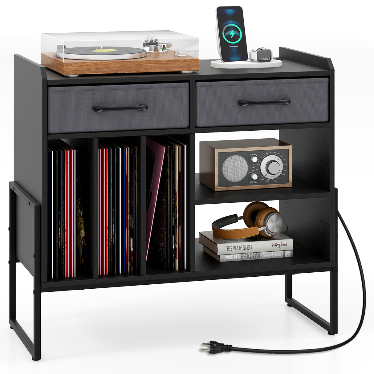 Large Record Player Stand with Charging Station Mid Century Modern Vinyl Storage Cabinet-Black