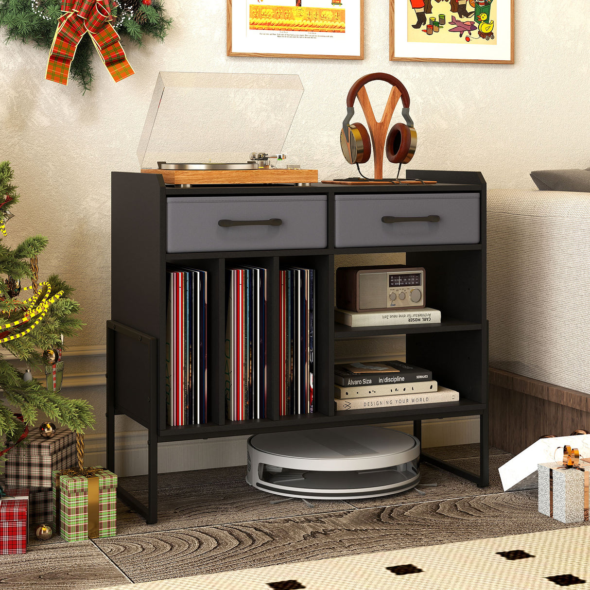 Large Record Player Stand with Charging Station Mid Century Modern Vinyl Storage Cabinet-Black