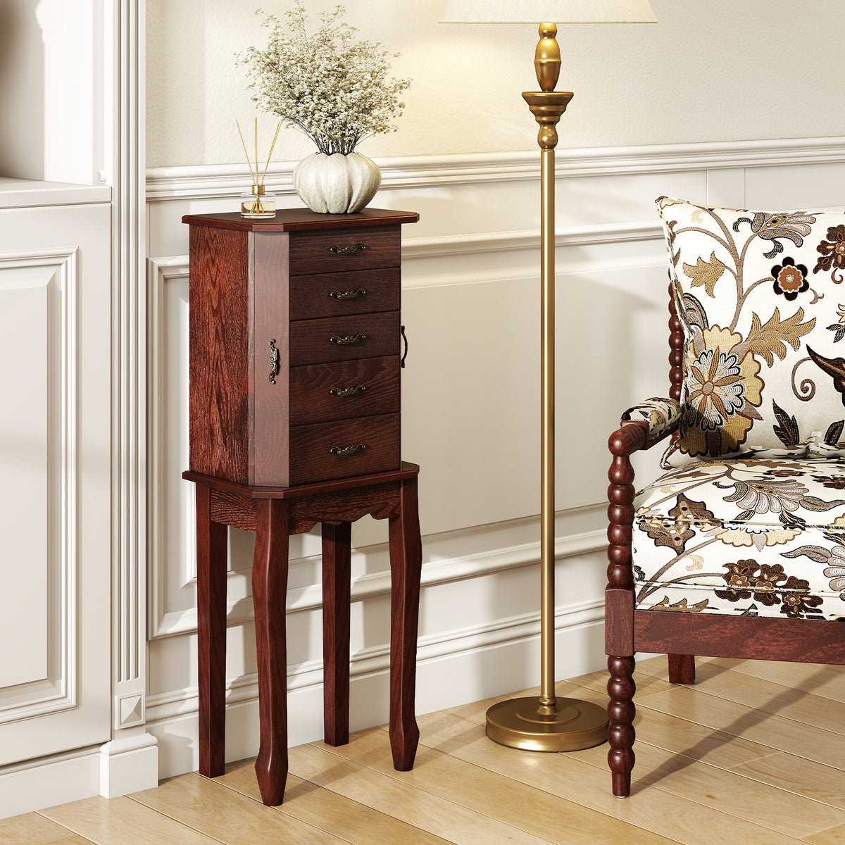 Large Storage Capacity Jewelry Cabinet with 5 Drawers-Walnut