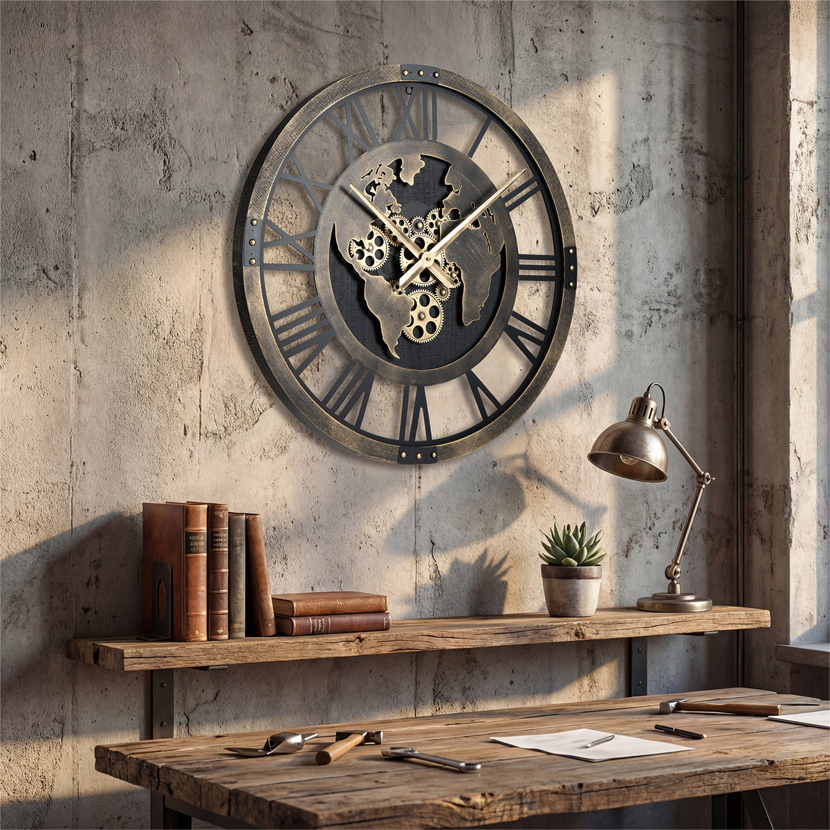 Large Wall Clock 27" Gear Clock with World Map-Brown