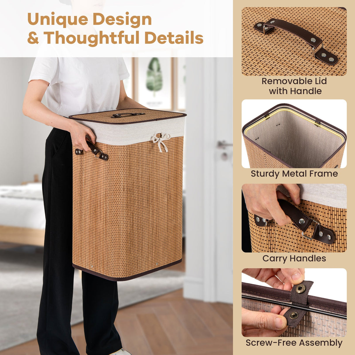 19 Gal Rectangle Laundry Basket Bamboo Clothes Hamper with Handles and Lid-Yellow by DirectDeals