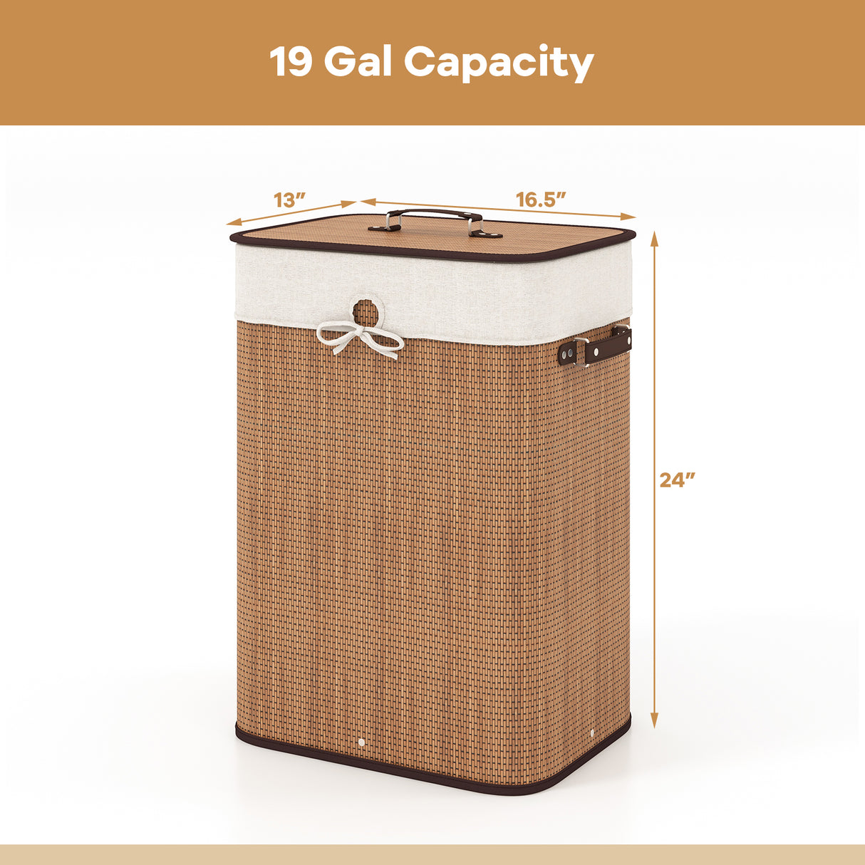 19 Gal Rectangle Laundry Basket Bamboo Clothes Hamper with Handles and Lid-Yellow