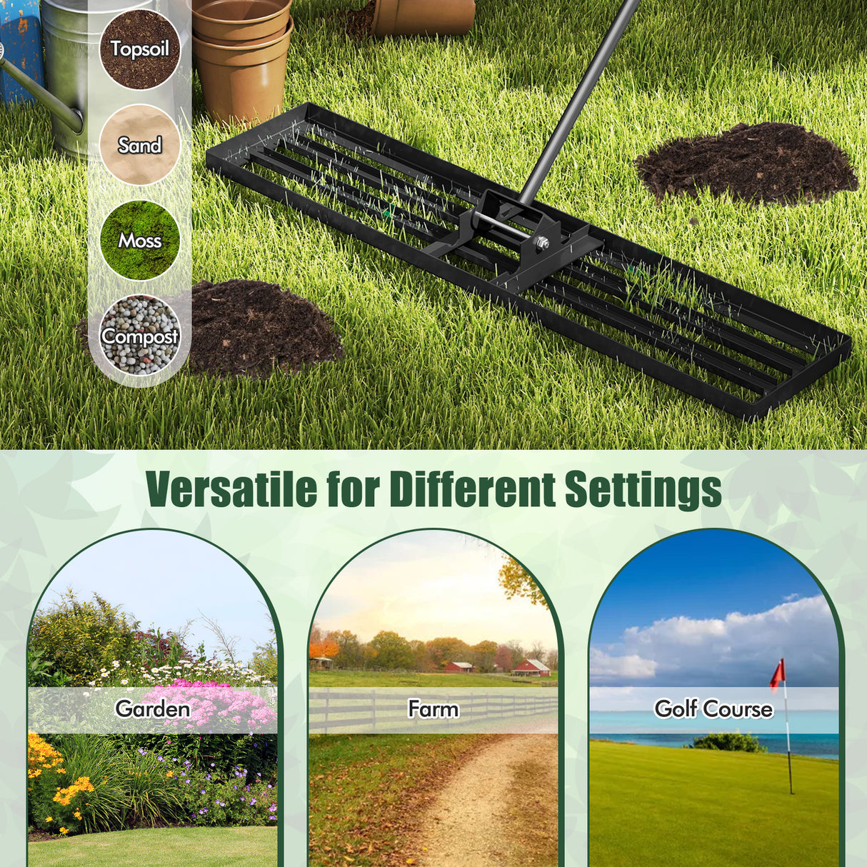 Lawn Leveling Rake 46 x 10 Inch Heavy Duty Lawn Level Tool for Soil-Black