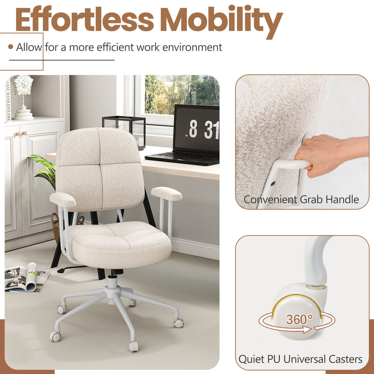 Leathaire Upholstered Task Home Office Chair with Cushioned Back-Beige