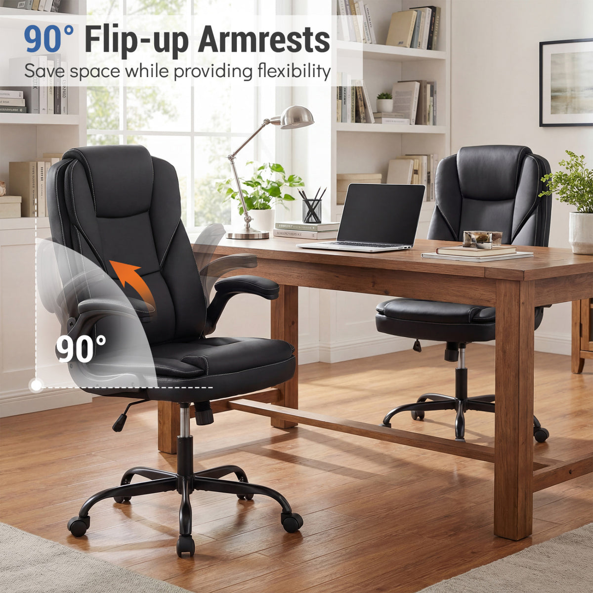 Leather Office Chair Ergonomic Computer Desk Chair with Flip-up Armrests Rocking Function-Black