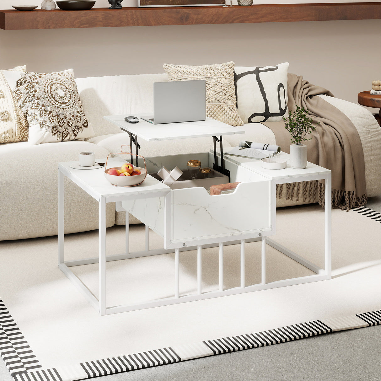 Lift Top Coffee Table Modern Center Table with Hidden Storage Compartment-White