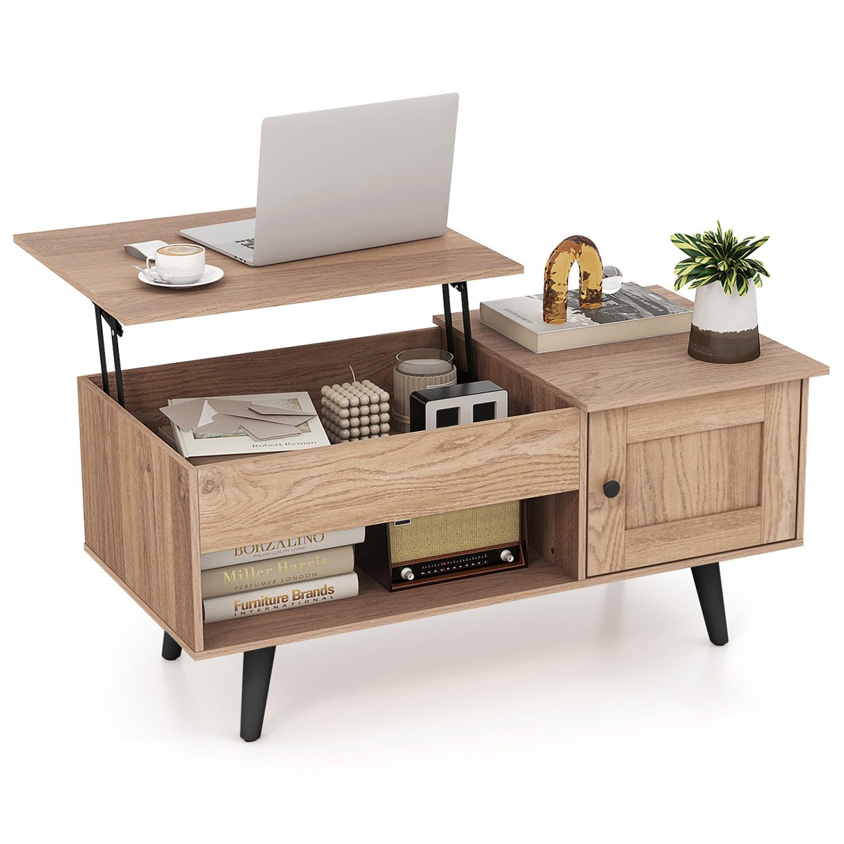 Lift Top Coffee Table with Storage and Hidden Compartment-Natural