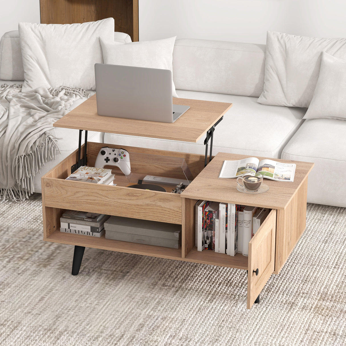 Lift Top Coffee Table with Storage and Hidden Compartment-Natural