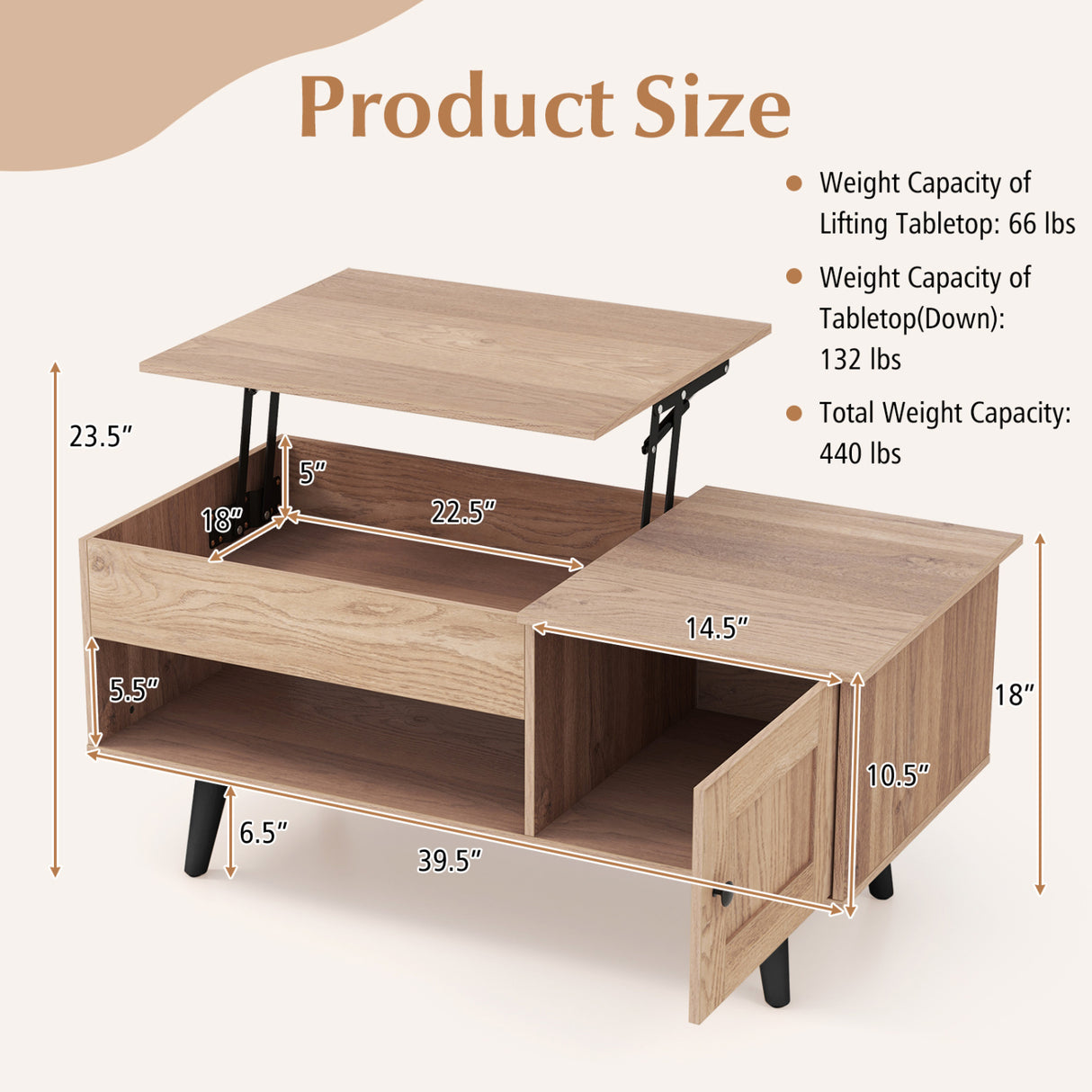 Lift Top Coffee Table with Storage and Hidden Compartment-Natural