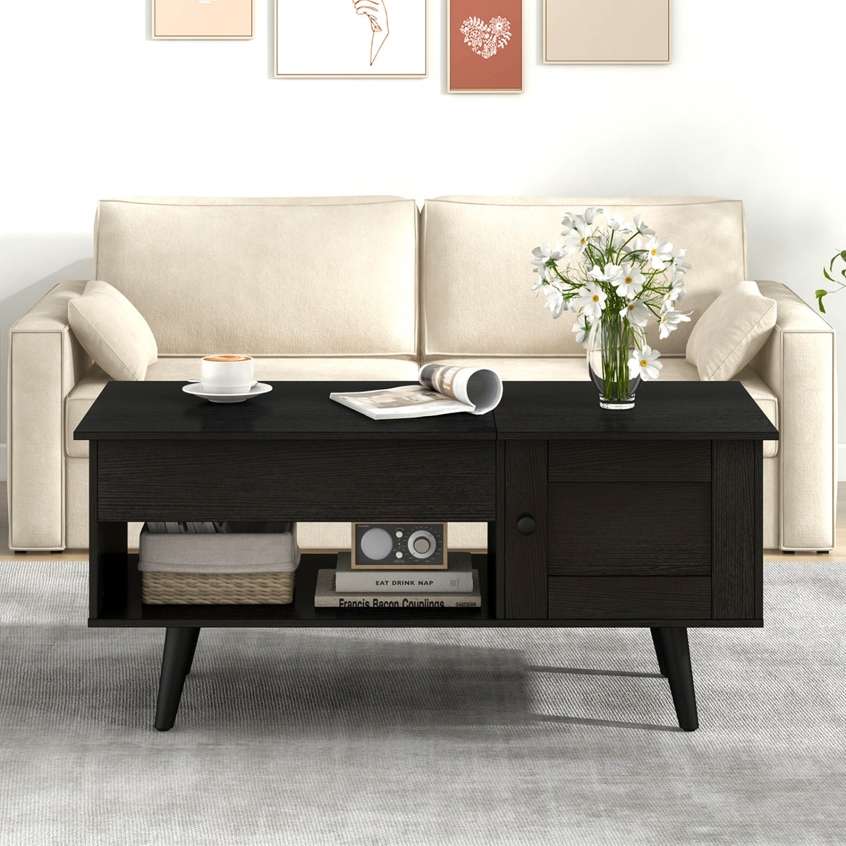 Lift Top Coffee Table with Storage and Hidden Compartment-Black