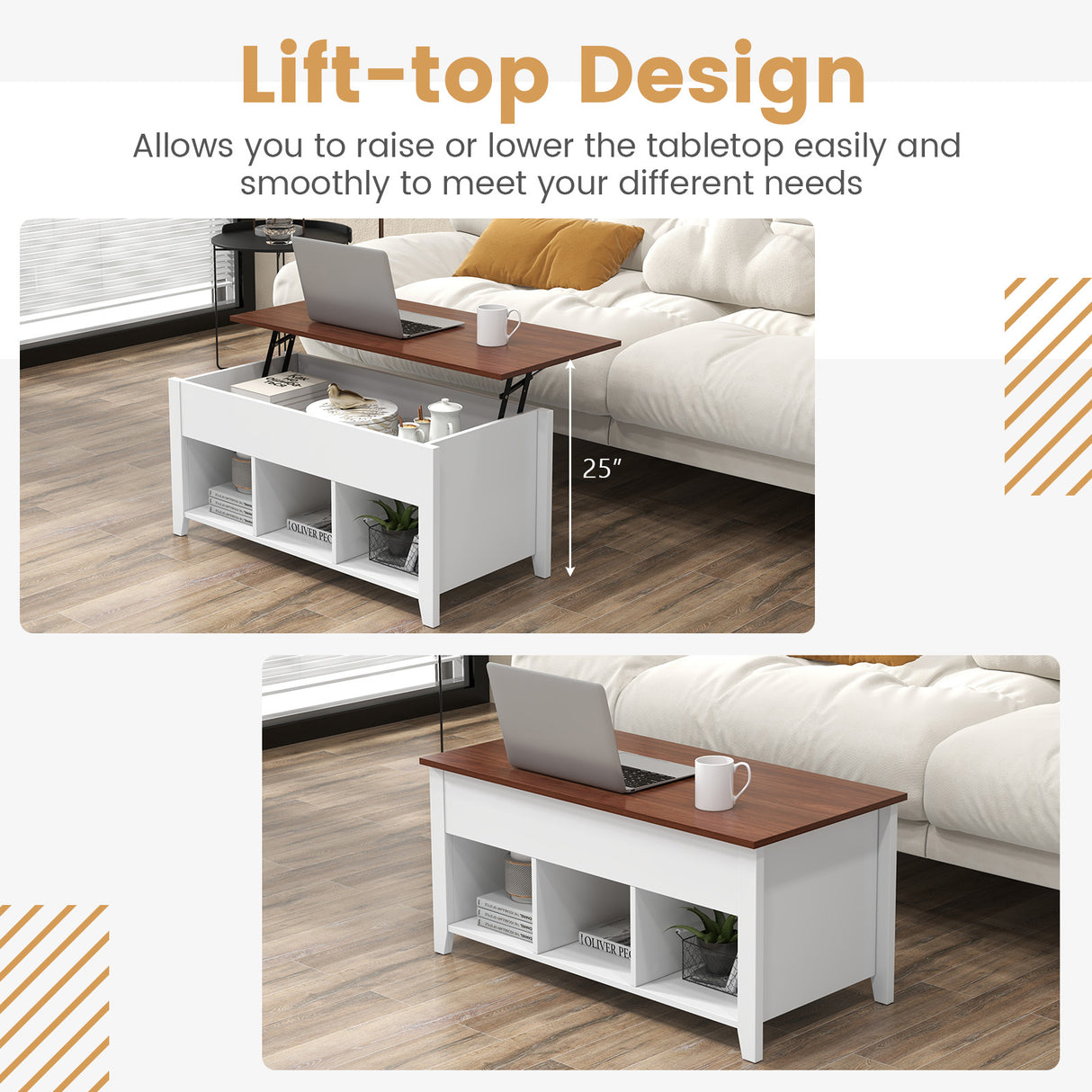 Coffee Table with Hidden Storage Compartment-White