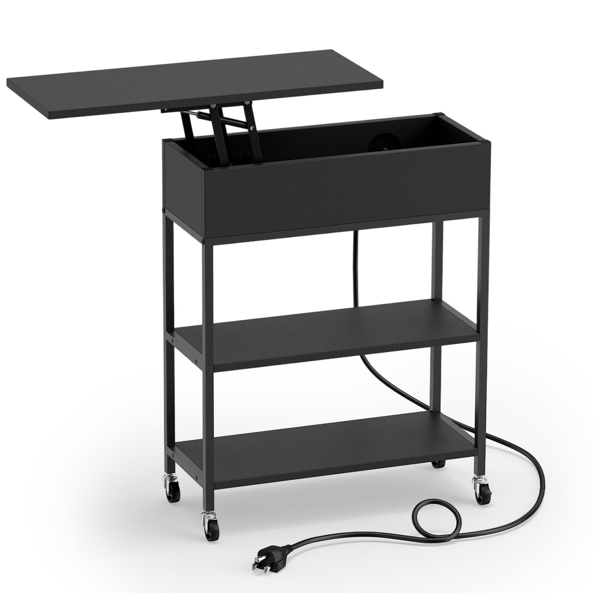 Lift Top End Table with Charging Station and Universal Wheels-Black