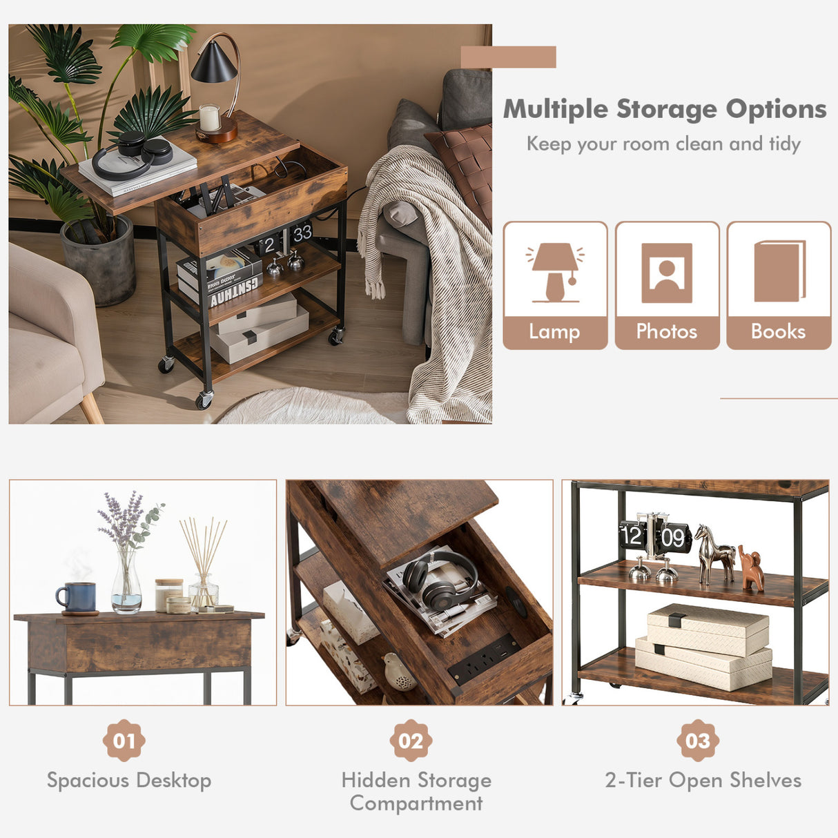 Lift Top End Table with Charging Station and Universal Wheels-Rustic Brown