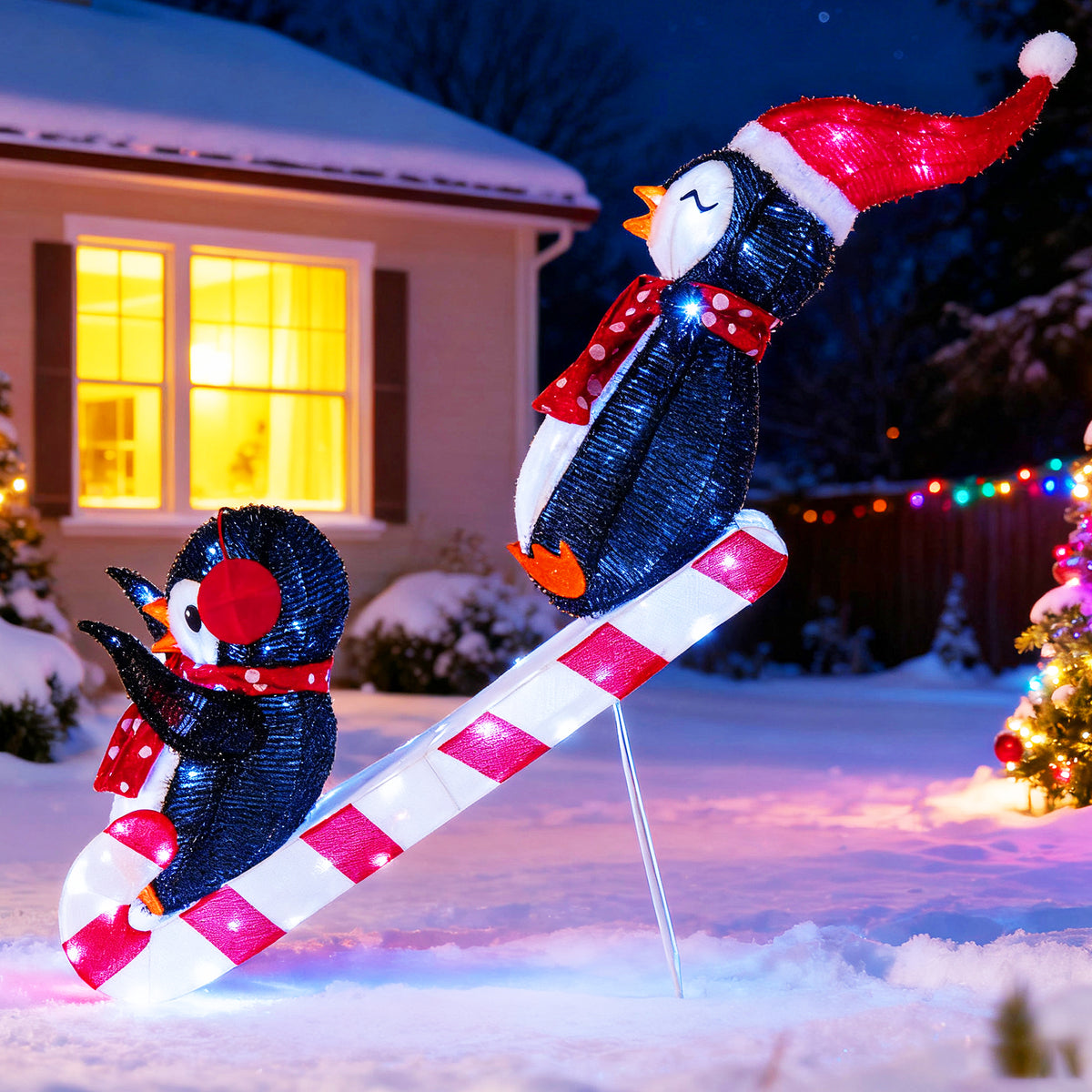 Lighted Christmas Decoration Penguins 3D Pre-Lit Penguins Slide with 170 LED Lights