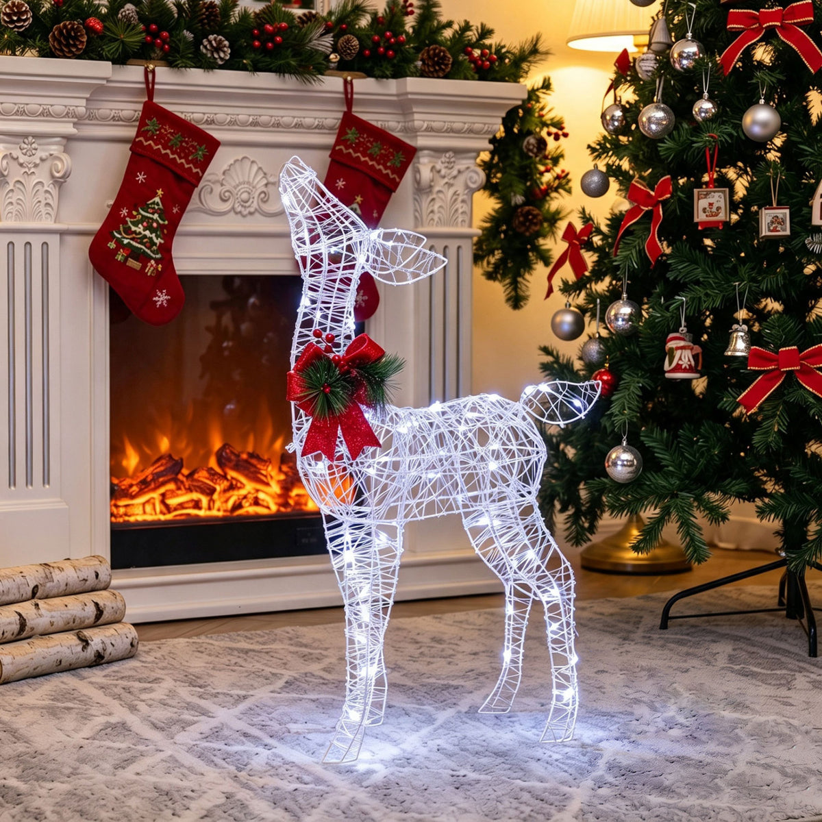 Lighted Christmas Deer Decorations with Cold White LED Lights-White