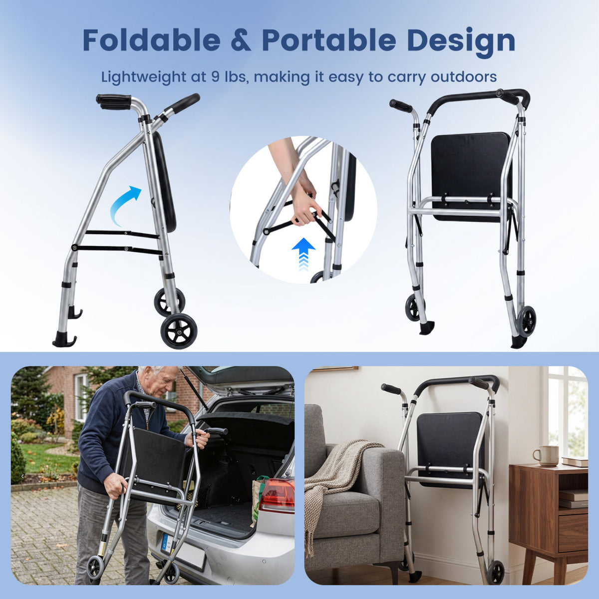 Lightweight Aluminum Mobility Walker for Seniors with 2 Wheels 5-Level Adjustable Height and Padded Seat-Sliver