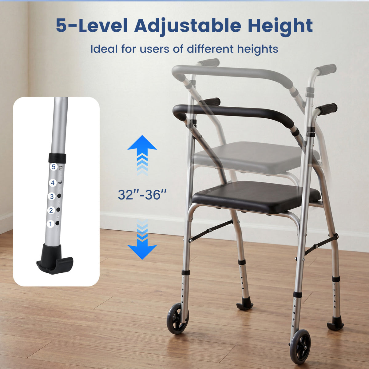 Lightweight Aluminum Mobility Walker for Seniors with 2 Wheels 5-Level Adjustable Height and Padded Seat-Sliver