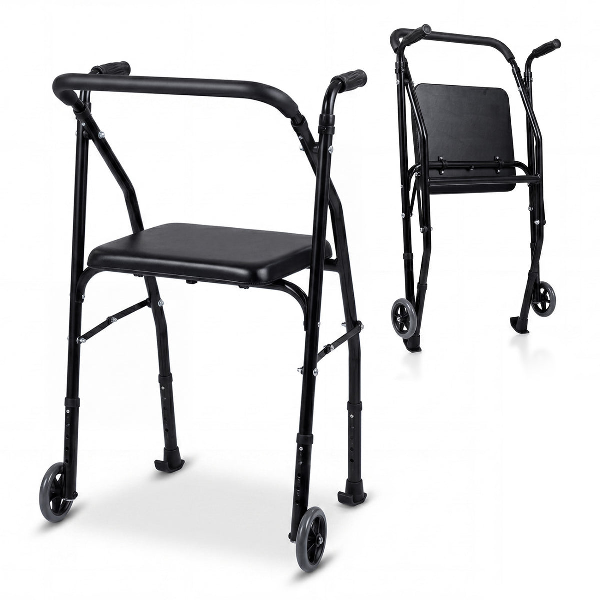 Lightweight Aluminum Mobility Walker for Seniors with 2 Wheels 5-Level Adjustable Height and Padded Seat-Black