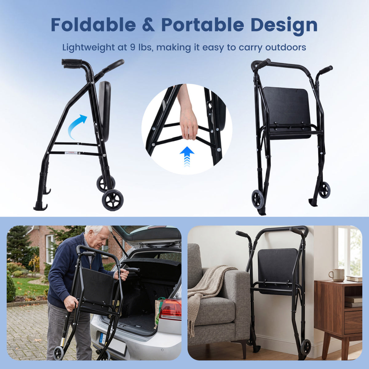 Lightweight Aluminum Mobility Walker for Seniors with 2 Wheels 5-Level Adjustable Height and Padded Seat-Black